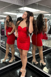 Dressystars Red Homecoming Dress Strapless Tight Short Prom Dress with Lace