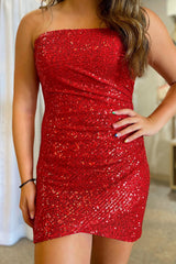 Dressystars Red Homecoming Dress Strapless Tight Short Prom Dress with Sequin