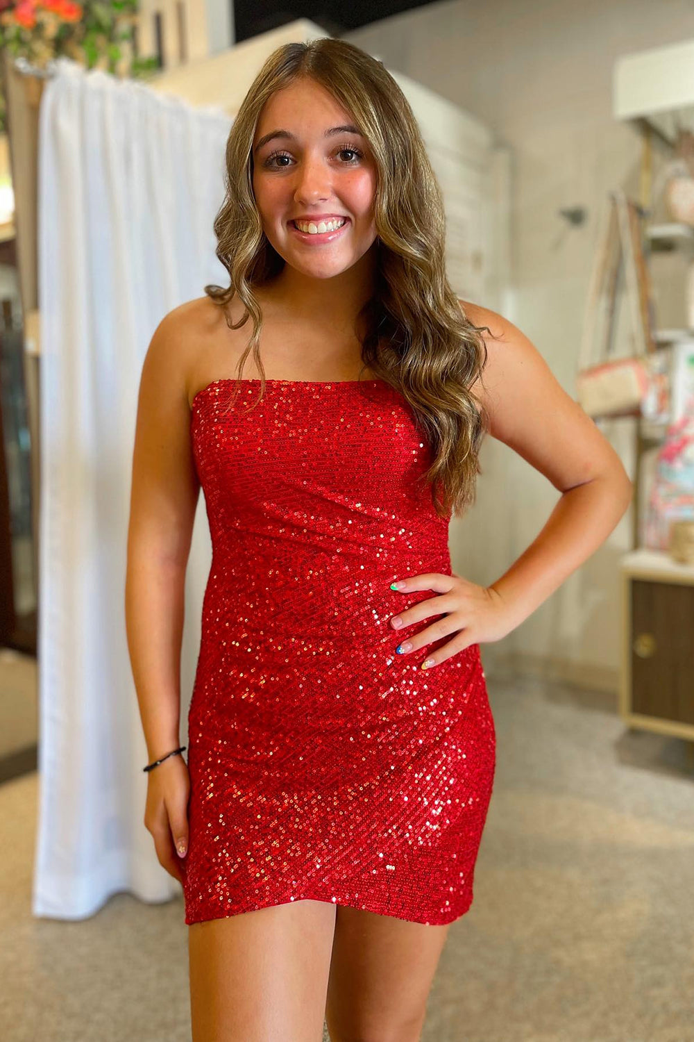 Dressystars Red Homecoming Dress Strapless Tight Short Prom Dress with Sequin