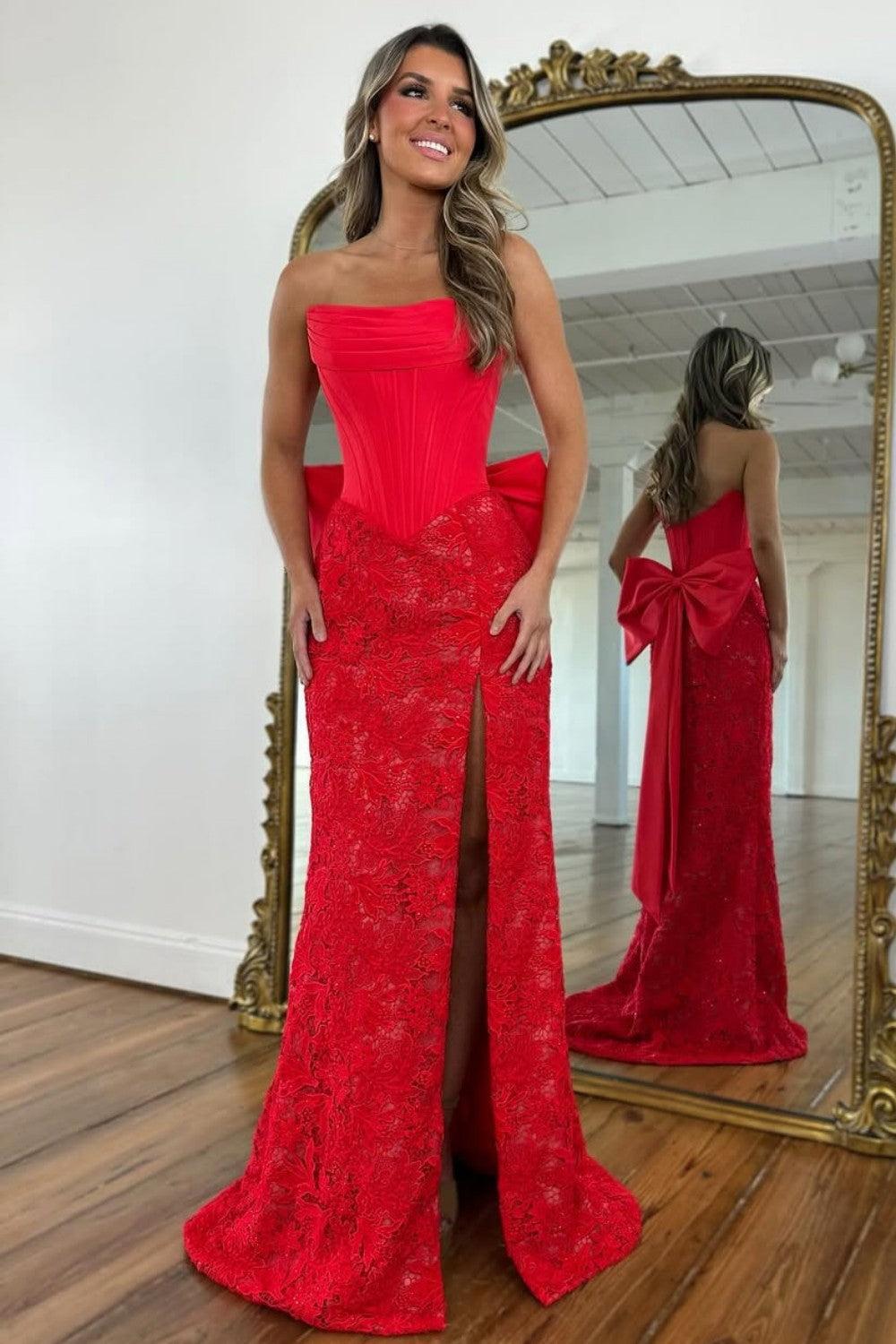 Dressystars Red Lace Formal Gown With Structured Corset Bodice And Statement Bow Formal Evening Gown