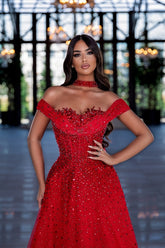 Dressystars Red Prom Dress A Line Beaded Off the Shoulder Formal Dress with Neck Train