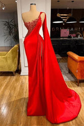 Dressystars Red Sheath/Column Prom Dress Beaded Formal Evening Dress with Train and Slit