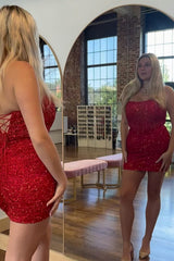 Dressystars Red Strapless Homecoming Dresses Sequined Tight Short Cocktail Dresses