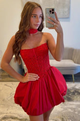 Dressystars Red Strapless Satin A-Line Corset Short Homecoming Dress with Appliques