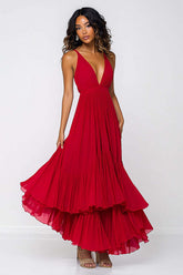 Dressystars Red Wedding Guest Dress Deep V-Neck Pleated Ruffled Long Chiffon Formal Dress