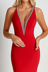 Dressystars Red Wedding Guest Dress Deep V-Neck Sheath Long Formal Dress With Beading