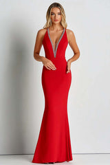 Dressystars Red Wedding Guest Dress Deep V-Neck Sheath Long Formal Dress With Beading