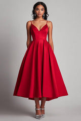Dressystars Red Wedding Guest Dress Satin A-Line Tea Length Spaghetti Straps Formal Dress
