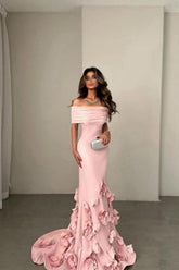 Dressystars Romantic Off-Shoulder Pink Mermaid Prom Dress With Floral Train Formal Evening Gown