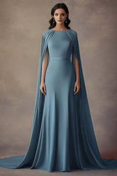 Dressystars Round Neck Long Ruched Grey Blue Wedding Guest Dress Formal Dress With Shawl