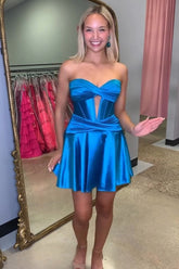 Dressystars Royal Blue Homecoming Dress A Line Strapless Corset Short Prom Dress with keyhole
