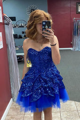 Dressystars Royal Blue Homecoming Dress Ruffled Strapless Short Prom Dress