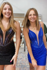 Dressystars Royal Blue Homecoming Dress Spaghetti Straps Tight Short Prom Dress with Beadings
