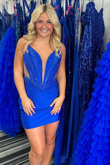 Dressystars Royal Blue Homecoming Dress Spaghetti Straps Tight Short Prom Dress with Beadings