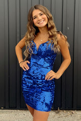 Dressystars Royal Blue Homecoming Dress Spaghetti Straps Tight Short Prom Dress with Sequin