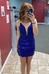 Dressystars Royal Blue Homecoming Dress Spaghetti Straps Tight Short Prom Dress with Sequin