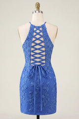 Dressystars Royal Blue Lace Appliqué Beaded Halter Tight Short Homecoming Dress