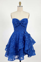Dressystars Royal Blue Lace Floral Beaded Ruffled A-Line Corset Short Homecoming Dress with Bow