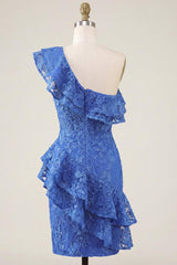 Dressystars Royal Blue One-Shoulder Lace Beaded Ruffled Tight Short Homecoming Dress