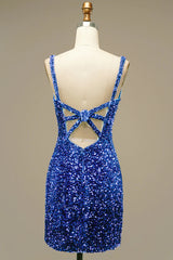 Dressystars Royal Blue Prom Dress V Neck Open Back Sequined Tight Short Homecoming Dress