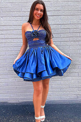 Dressystars Royal Blue Ruffled Homecoming Dresses Halter Beaded Short Cocktail Dresses With 3D Flower