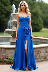 Dressystars Royal Blue Wedding Guest Dress Sweetheart Satin Long Formal Dress With Slit