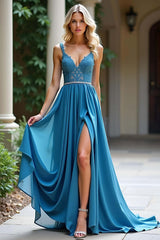 Dressystars Ruched Long Dusty Blue Wedding Guest Dress A Line Formal Dress With Lace