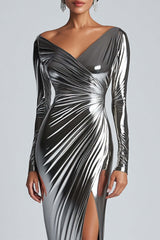 Dressystars Ruched Sheath Silver Metallic Satin Formal Dress With Slit