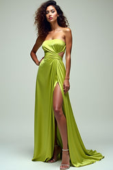 Dressystars Ruched Square Neck Lemon Green Wedding Guest Dress Long Formal Dress With Slit
