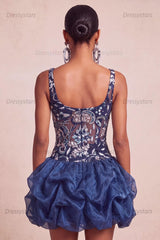 Dressystars Ruffled Beaded Navy Bubble A Line Floral Mini Homecoming Dress