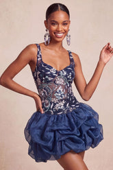 Dressystars Ruffled Beaded Navy Bubble A Line Floral Mini Homecoming Dress