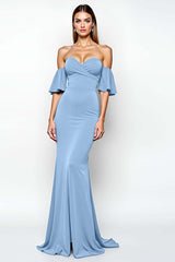 Dressystars Ruffled Sheath Dusty Blue Wedding Guest Dress Long Formal Dress