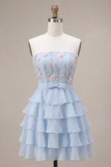 Dressystars Ruffled Sky Blue Floral Tiered A Line Short Homecoming Dress with Bow