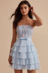 Dressystars Ruffled Sky Blue Floral Tiered A Line Short Homecoming Dress with Bow