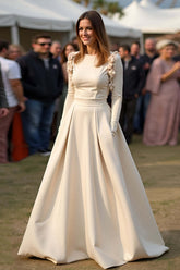 Dressystars Satin A Line Apricot Wedding Guest Dress Gala Dress With Long Sleeves