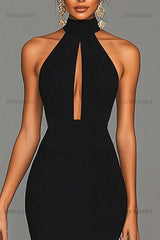 Dressystars Satin Black Wedding Guest Dress Mermaid Halter Neck Formal Dress