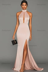 Dressystars Satin Black Wedding Guest Dress Mermaid Halter Neck Formal Dress