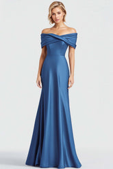 Dressystars Satin Blue Wedding Guest Dress Mermaid Off The Shoulder Long Formal Dress With Ruch