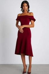 Dressystars Satin Burgundy Wedding Guest Dress Off The Shoulder Knee-Length Formal Dress