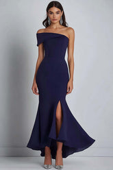 Dressystars Satin Navy Wedding Guest Dress Sheath Off The Shoulder Long Formal Dress With Slit