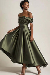 Dressystars Satin Olive Wedding Guest Dress A-Line Off The Shoulder Ruched Ankle Length Formal Dress
