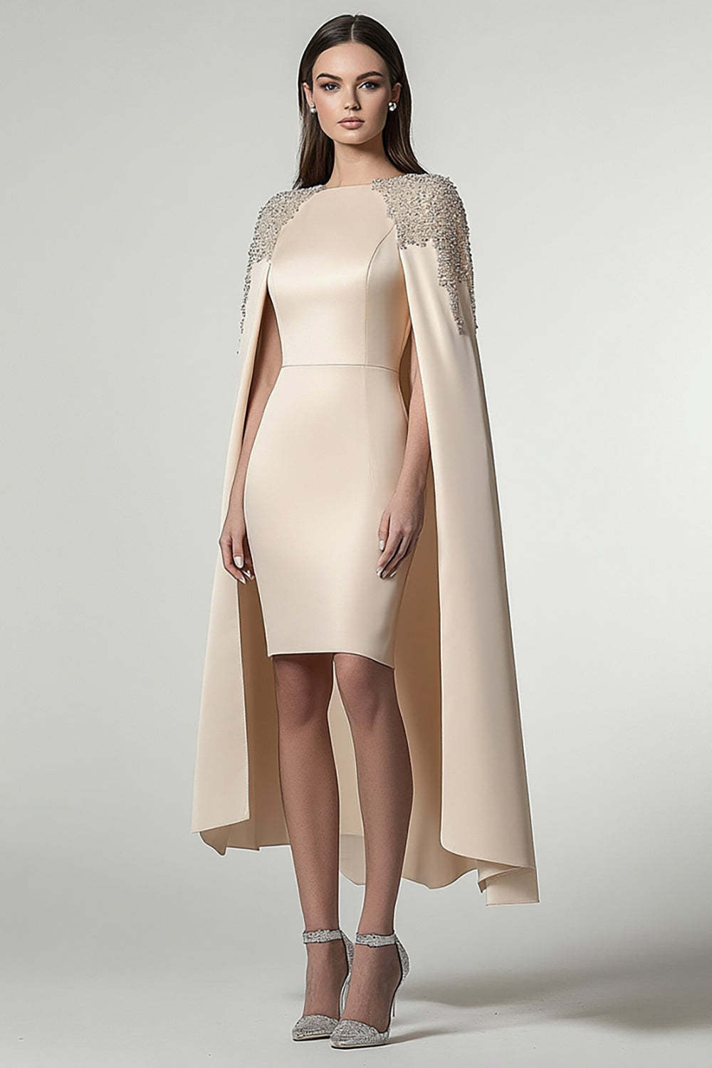 Dressystars Satin Sheath Champagne Wedding Guest Dress Knee-Length Formal Dress With Shawl