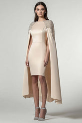 Dressystars Satin Sheath Champagne Wedding Guest Dress Knee-Length Formal Dress With Shawl