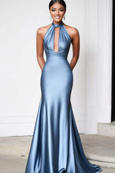 Dressystars Satin Sheath Grey Blue Wedding Guest Dress Halter Long Formal Dress