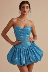 Dressystars Sequin Blue A Line Strapless Bubble Short Homecoming Dress