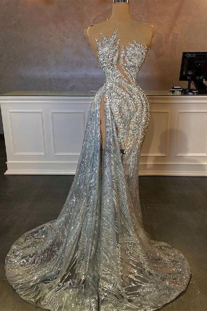 Dressystars Sequined Prom Dress Silver Mermaid Formal Dress with Slit