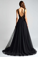 Dressystars Sequins Backless Black Wedding Guest Dress A Line Long Tulle Graduation Dress