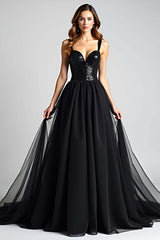 Dressystars Sequins Backless Black Wedding Guest Dress A Line Long Tulle Graduation Dress