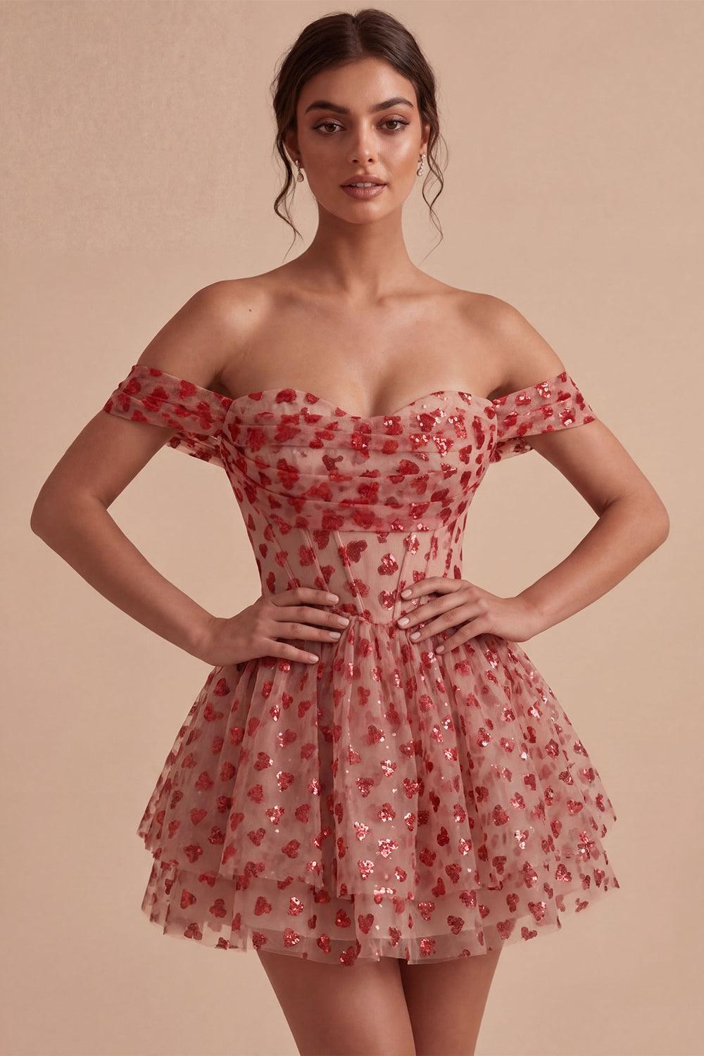 Dressystars Sequins Red Corset A Line Short Homecoming Dress with Ruffles