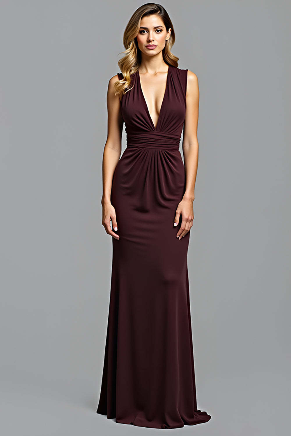 Dressystars Sheath Cabernet Sleeveless Deep V-Neck Long Formal Dress
